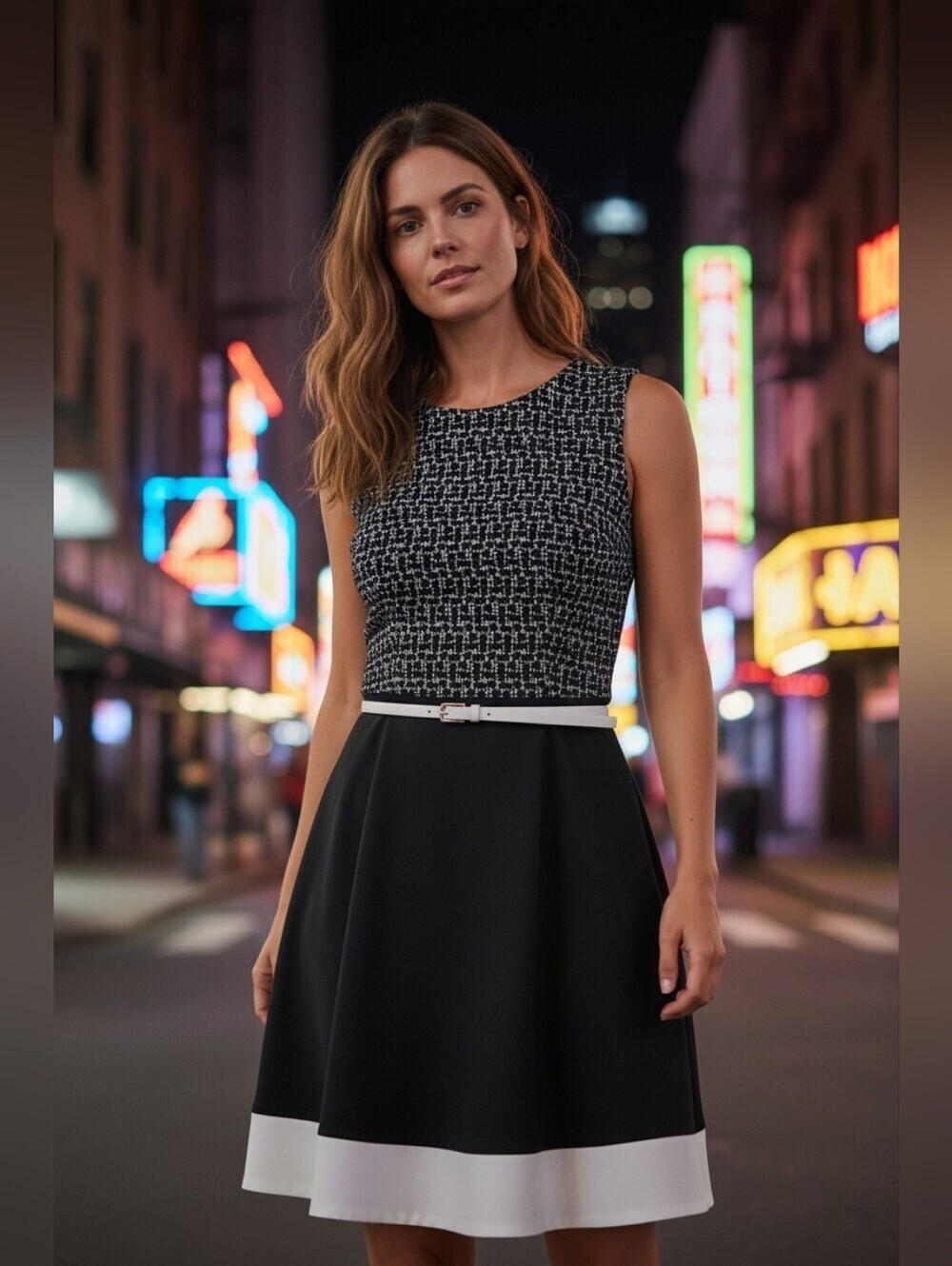 Anne Klein Black and White Sleeveless Fit-and-Flare Mini Dress